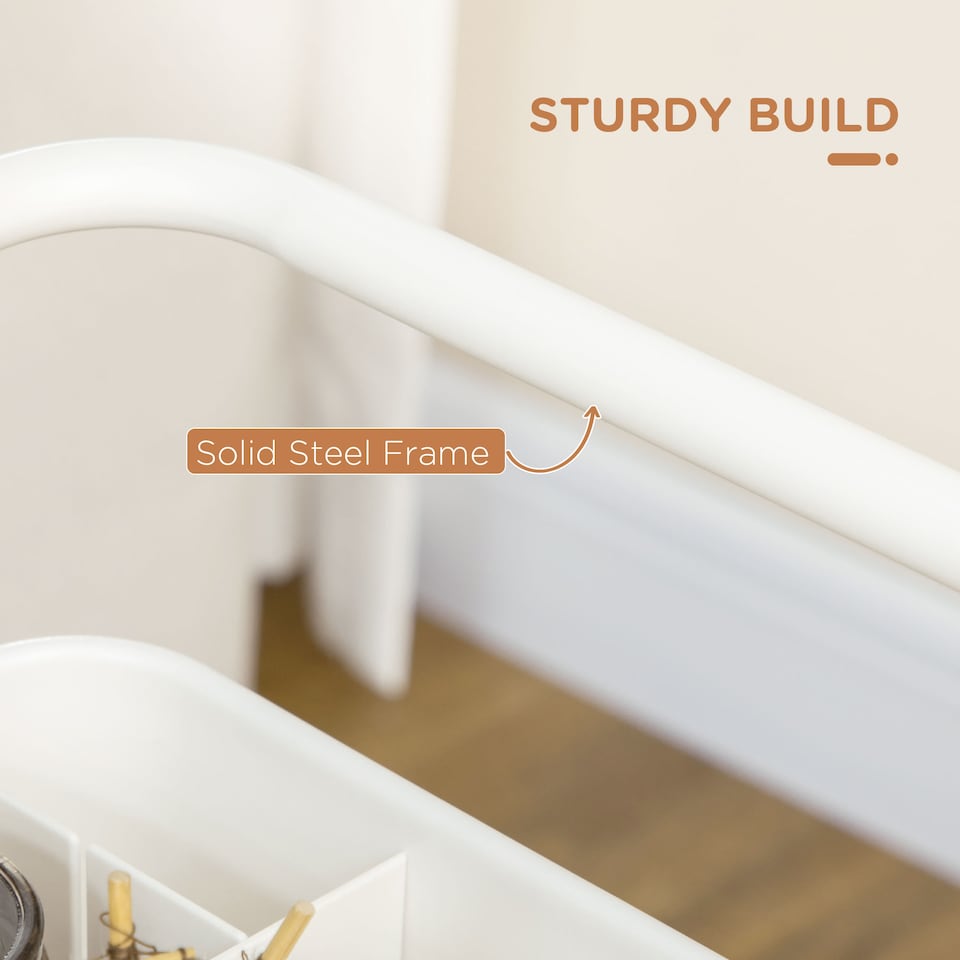 image 1 of HOMCOM 3 Tier Utility Rolling Cart, Kitchen Cart with 3 Removable Mesh Baskets, 3 Hanging Box, 4 Hooks and Dividers for Living Room, Laundry, Garage, White