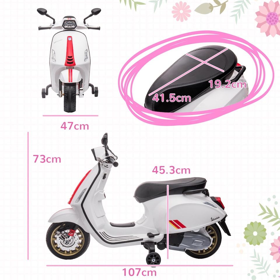 image 1 of AIYAPLAY Vespa Licensed 12V Kids Electric Motorbike, Kids Ride on Motorcycle with Music, Head Light, MP3, FM Radio, Two Training Wheels, for 3-6 Years - White