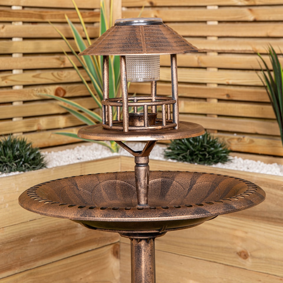 image 1 of 1.1m Bronze Effect Resin Garden Bird Bath & Table with Solar Light | Bronze | Bronze