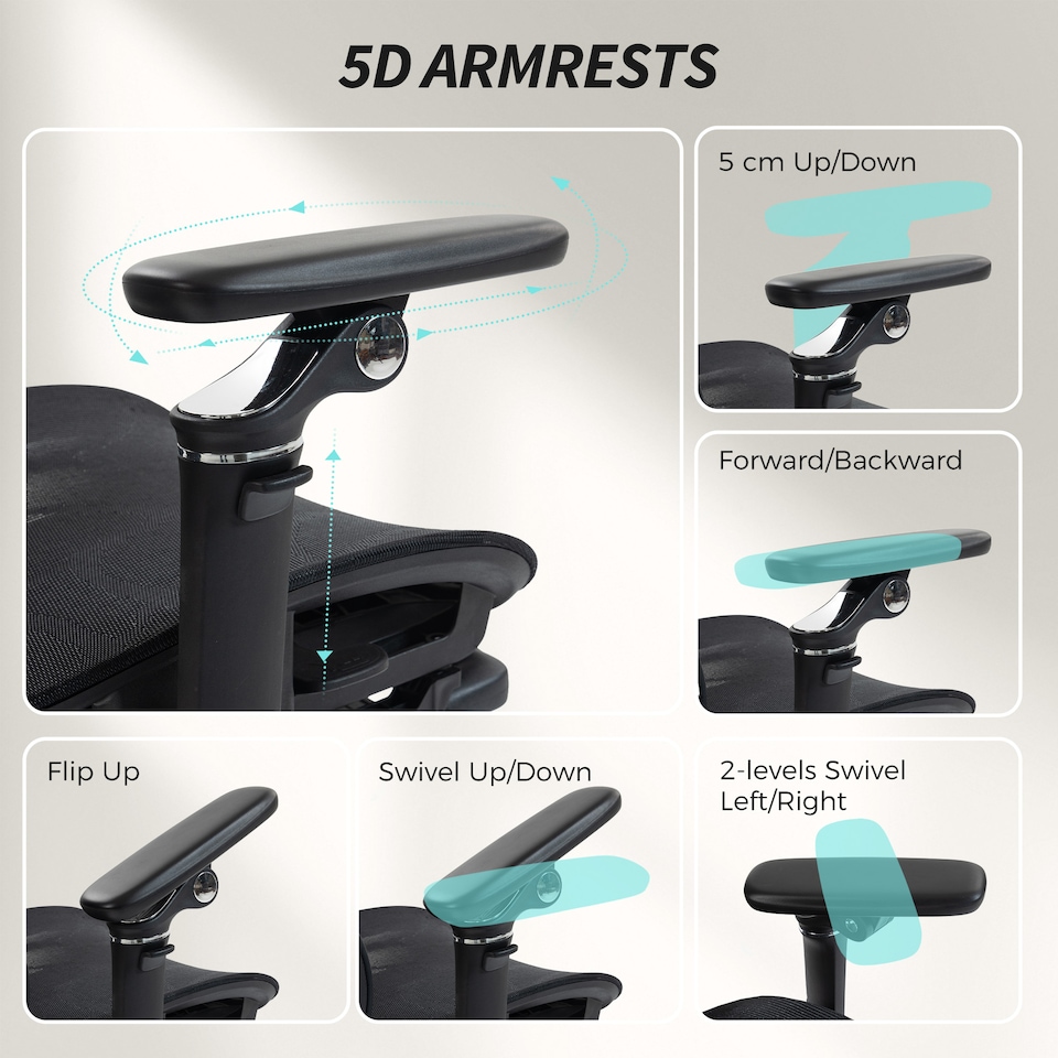 image 1 of HOMCOM Ergonomic Office Chair, High Back Mesh Desk Chair with Reclining Separated Backrest, Lumbar Support, 5D Flip-up Armrests, Adjustable Headrest, Tilt Function, Footrest for Home Office, Black