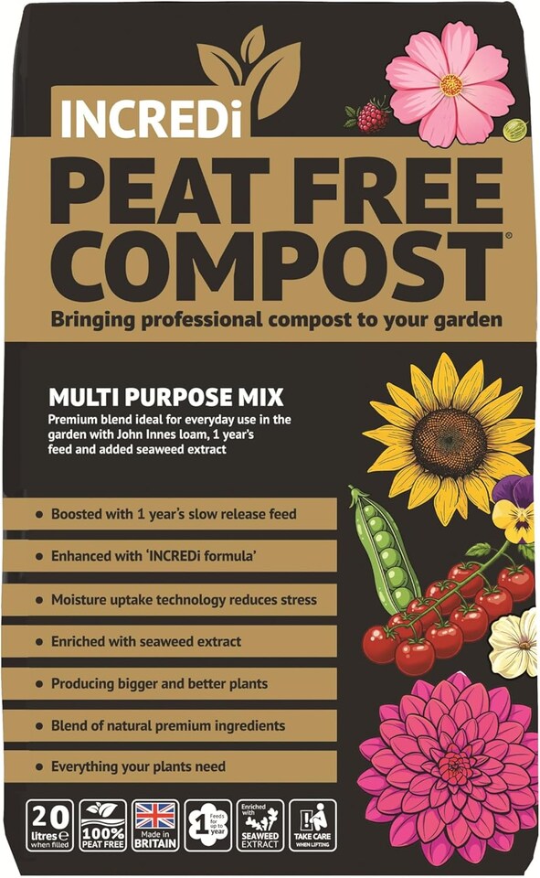 Incredipeatfree Premium Peat Free Compost 20L with Incredibloom Fertiliser Slow Release Feed Made in Britain