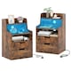 image 3 of COSTWAY LED Nightstand with Charging Station 2 Drawer Bedside Table Brown