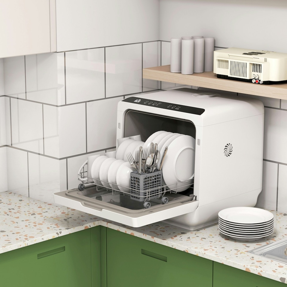 image 1 of HOMCOM Worktop Dishwasher w/ 4 Place Settings 6 Programs, Silver Tone