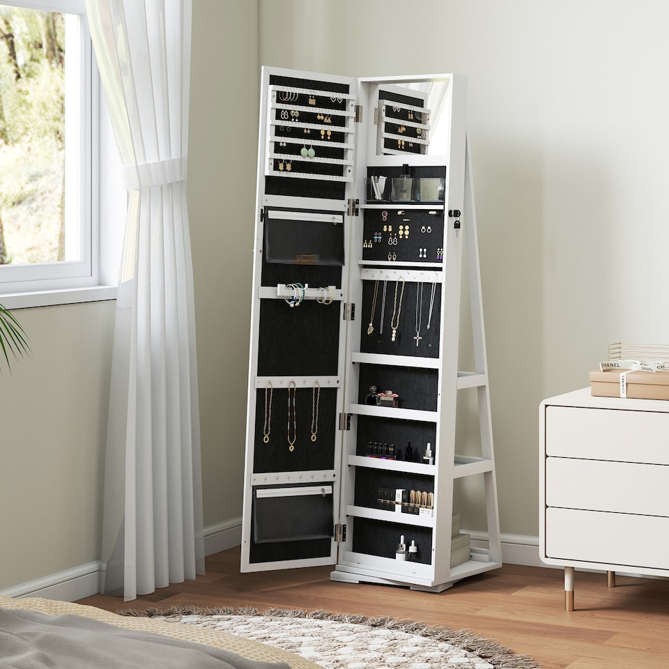 image 1 of HOMCOM 360  Swivel Jewellery Cabinet, Free Standing Full Length Mirror with Storage, Lockable Jewellery Organiser with Built-in Makeup Mirror and Storage Shelves for Bedroom, White