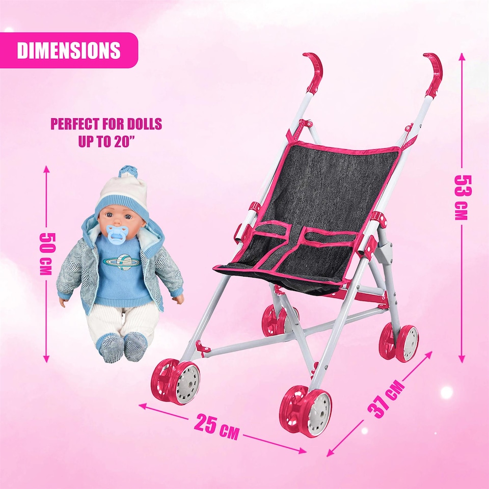 image 1 of BiBi Doll Pink & Black Foldable Dolls Buggy Stroller & Toy Pushchair for 20" Dolls