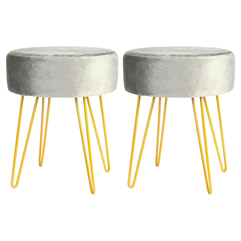 image 1 of Harbour Housewares Set Of 2 Grey Velvet Footstools Round Ottoman Stools With Gold Base Stylish Seating Grey