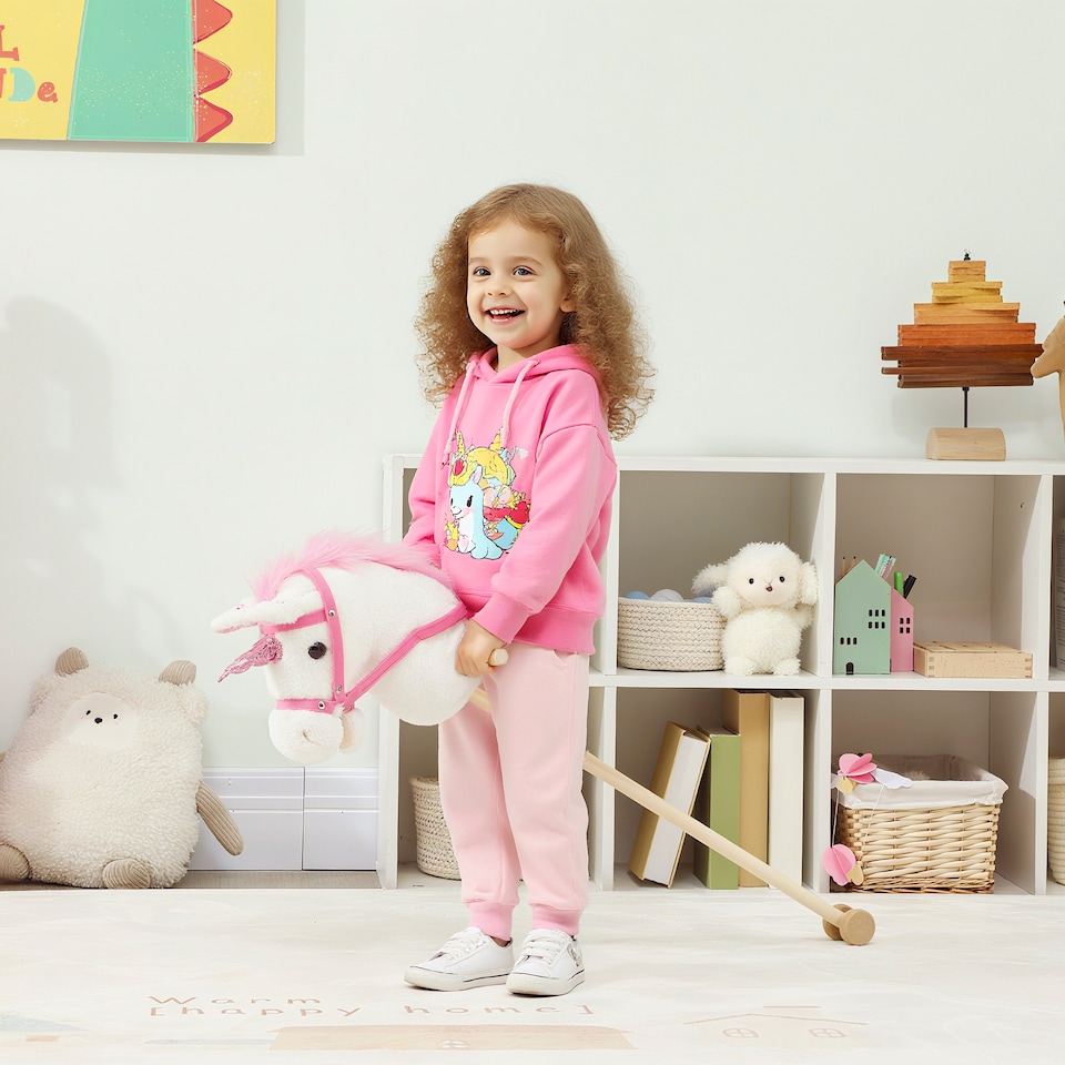 image 1 of AIYAPLAY Stick Horse w Wood Wheels, Pony Neighing, Galloping Sounds White
