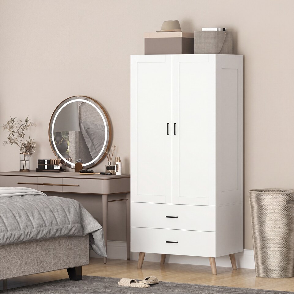 image 1 of HOMCOM Wardrobe with 2 Drawers Hanging Rail, 180 cm Storage Closet, White
