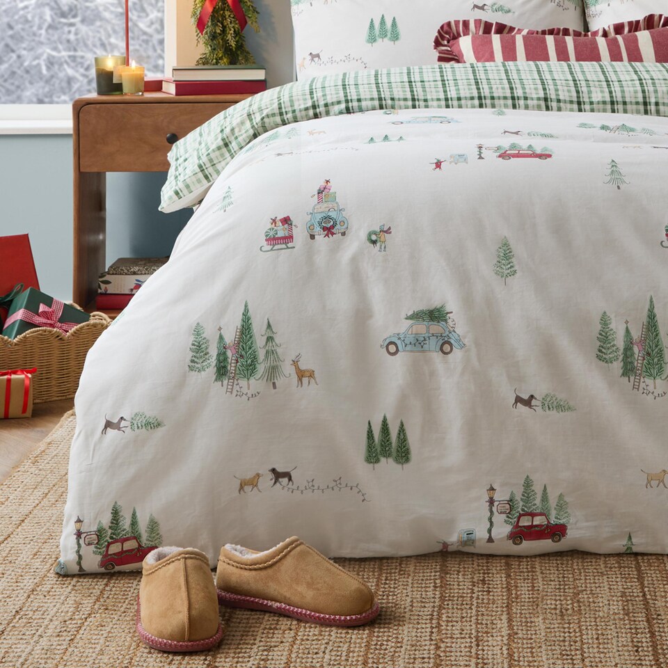 image 1 of Wylder Christmas Tree Lane 100% Cotton Duvet Cover Set, Natural/Sage, Double
