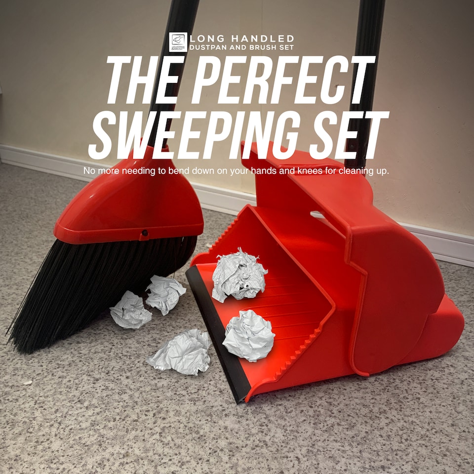 image 1 of Long Handled Dustpan and Brush Set Upright Sweeping Broom with Self Closing Lid
