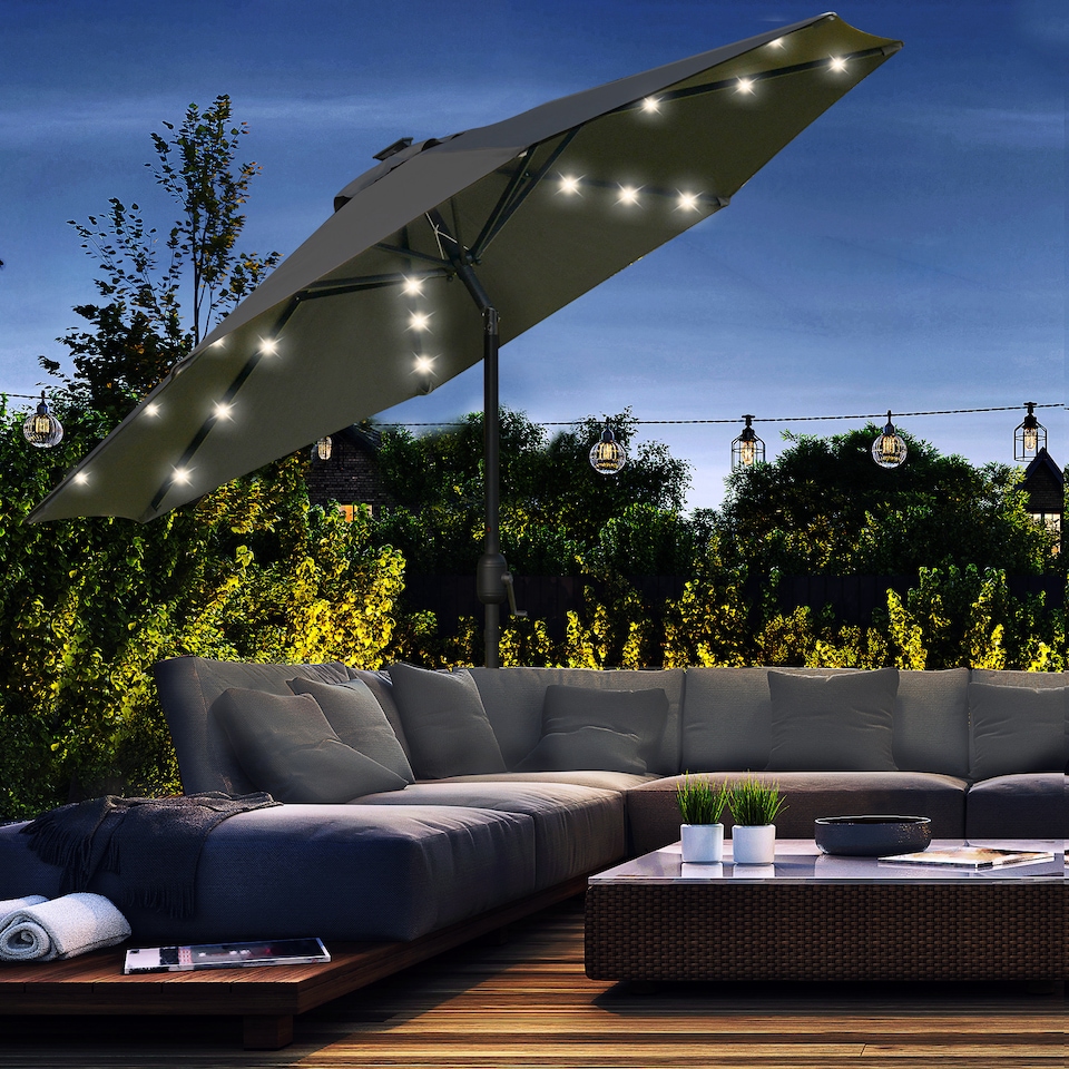 image 1 of Outsunny 2.7m Patio Garden Umbrella Outdoor Parasol Outdoor Market Table Umbrella with Tilt Crank and 24 LEDs Lights Grey