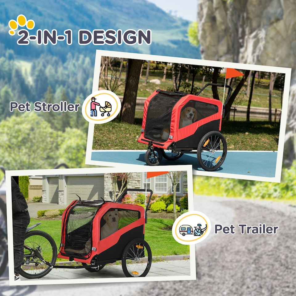 image 1 of PawHut 2 in 1 Dog Bike Trailer Pet Stroller for Large Dogs W/ Hitch - Red
