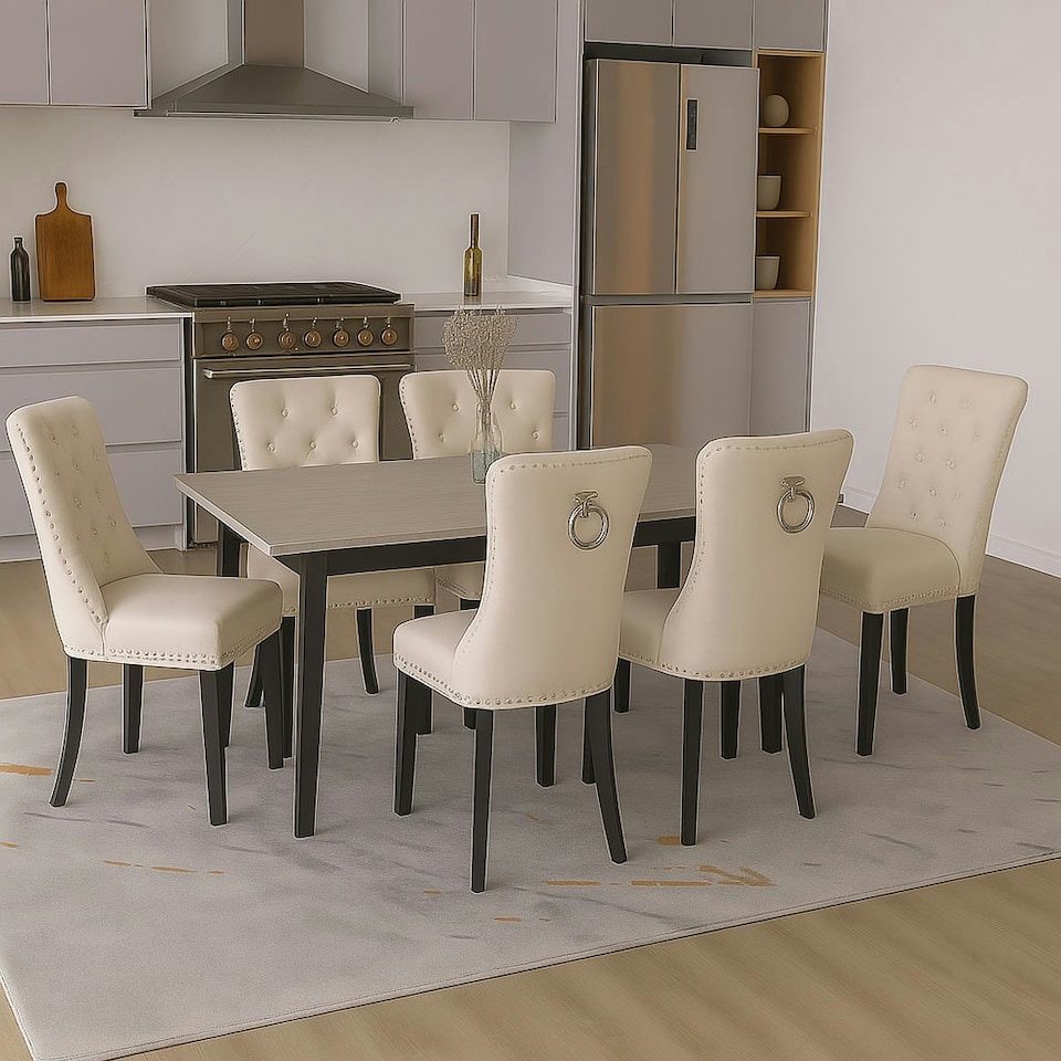 image 1 of Natural Set of Six Studded Velvet Dining Chair with Ring Knocker Detail Cream | Natural