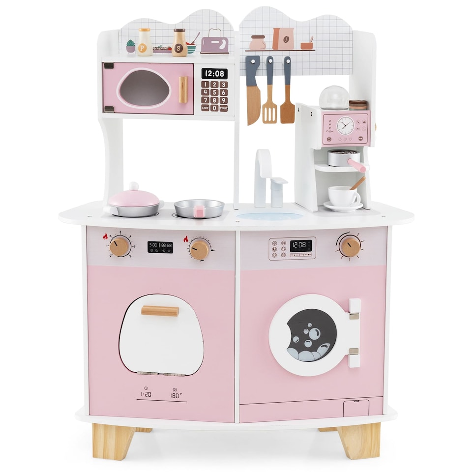 image 1 of COSTWAY Wooden Kids Kitchen Playset Pretend Play Kitchen With  Coffee Maker-Pink