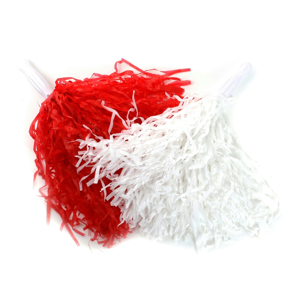 image 1 of White and Red Pom Poms – Pair with Handle Cheerleader Shakers 80g Fancy Dress N/A | One Size