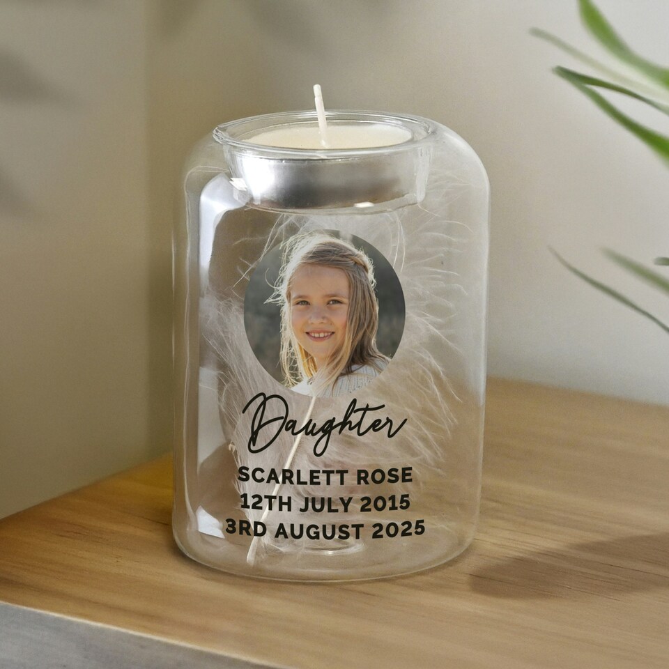 image 1 of Personalised Photo Upload Memorial Feather Tealight Holder Clear