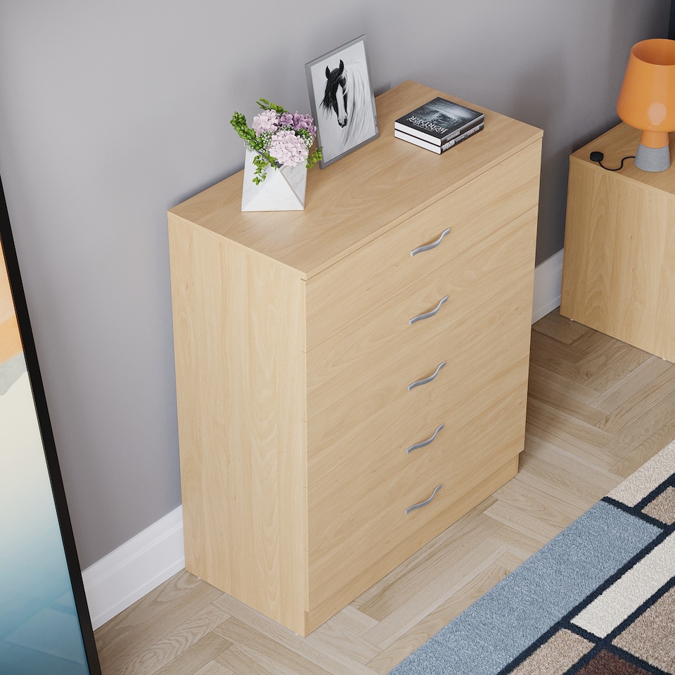 image 1 of Vida Designs Riano 5 Drawer Chest of Drawers Bedroom Storage, Pine