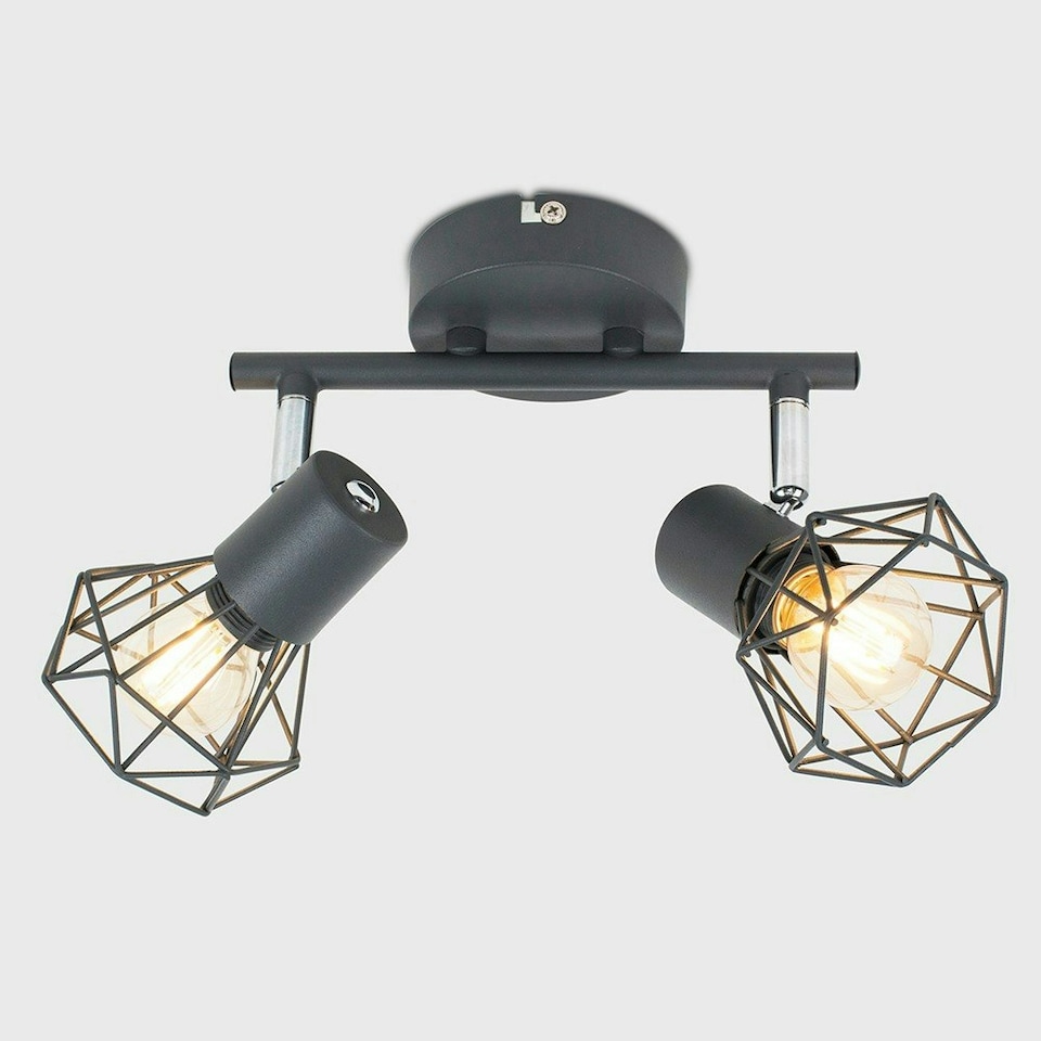image 1 of ValueLights Retro Style 2 Way Metal Basket Cage Ceiling Spotlight In Pewter Grey Finish