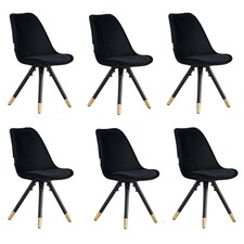 Set of 6 Sofia Ergonomic Modern Dining Chairs Upholstered in Velvet, Metal Legs with Gold End Tips Black