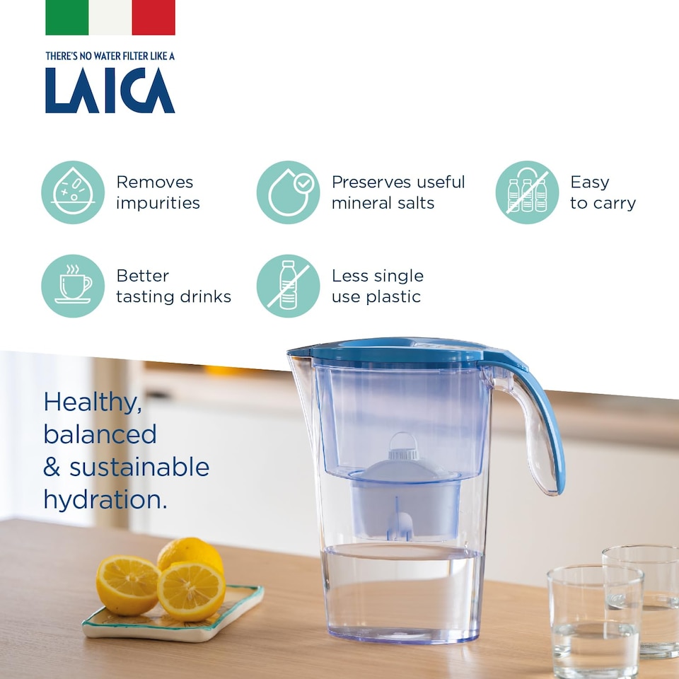 image 1 of LAICA Stream Line Water Filter Jug & 3 bi-flux Water Filter Cartridges Blue 2.3L - Made in Italy