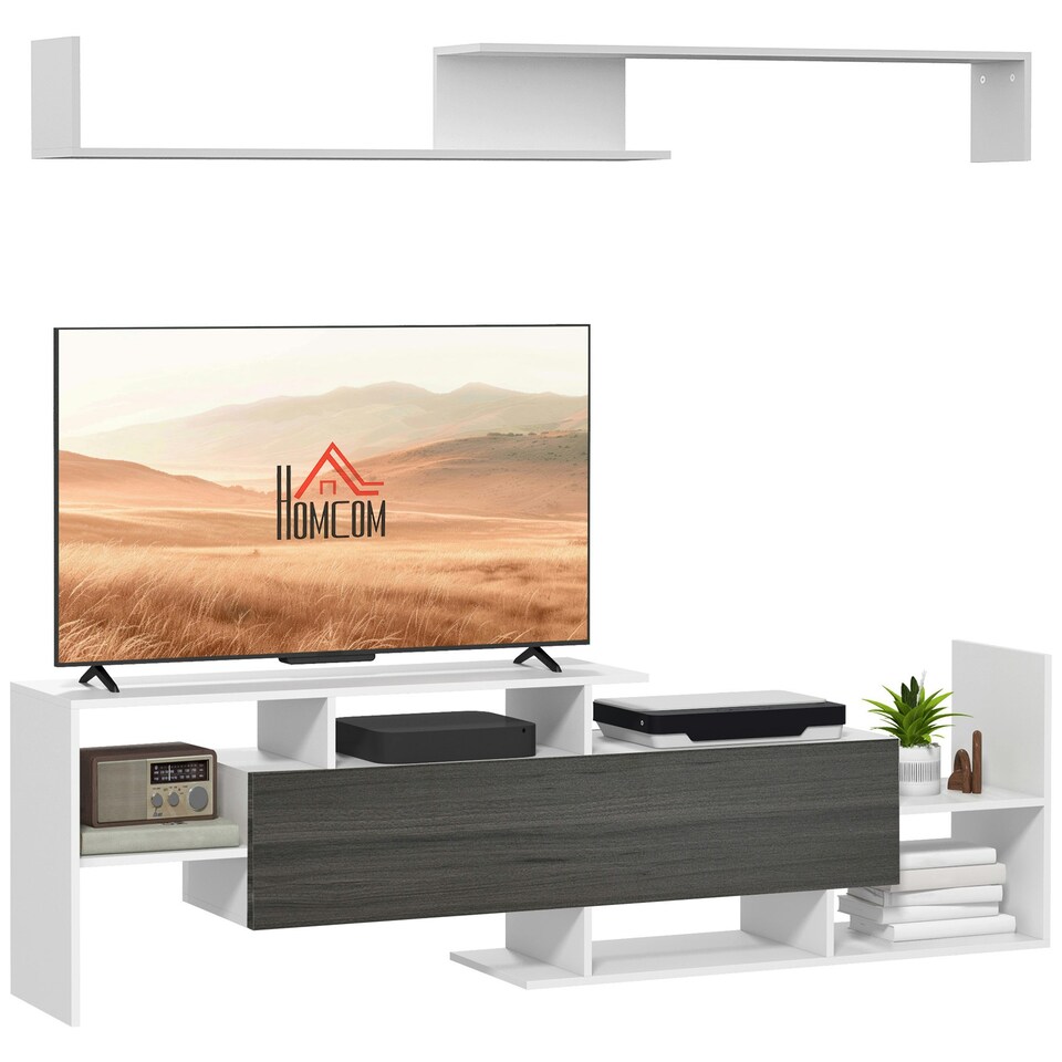 image 1 of HOMCOM TV Cabinet Unit w/ Wall-Mounted Shelf, Open Shelves Black and Brown White