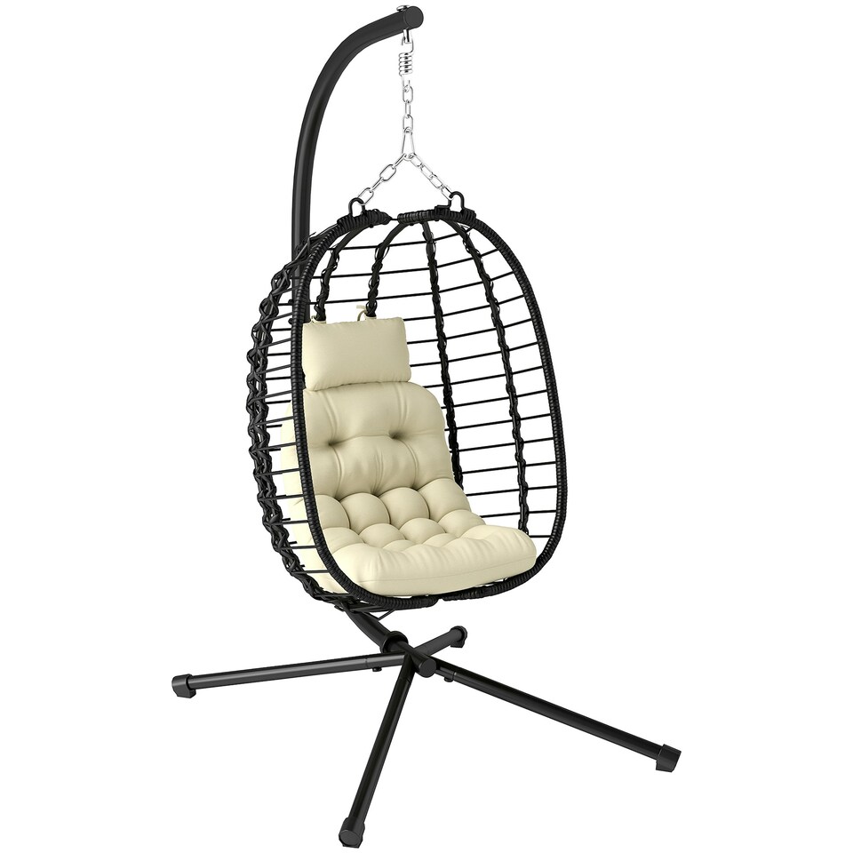 image 1 of Outsunny Rattan Hanging Egg Chair w/ Stand, Cushion, Headrest 