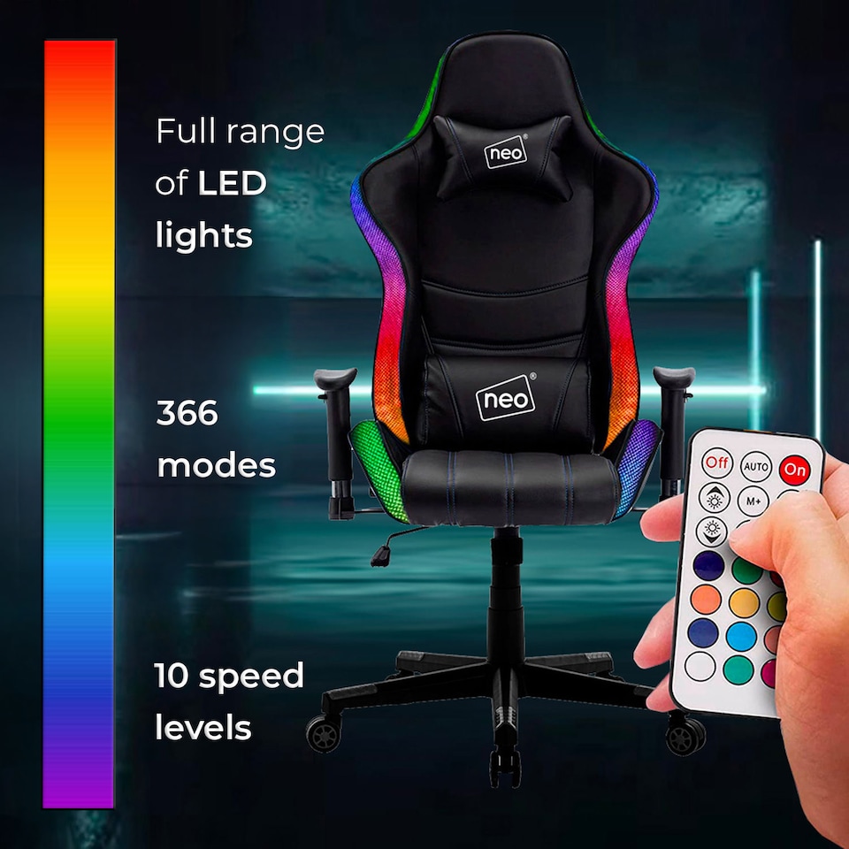 image 1 of Neo Black Leather Gaming Chair with LED Lights