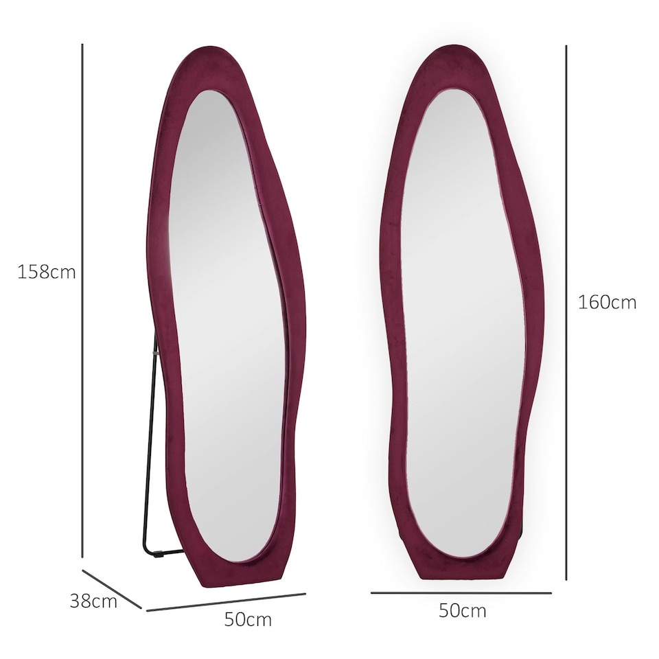 image 1 of HOMCOM Irregular Full Length Mirror with Velvet Frame 160 x 50cm Wine Red