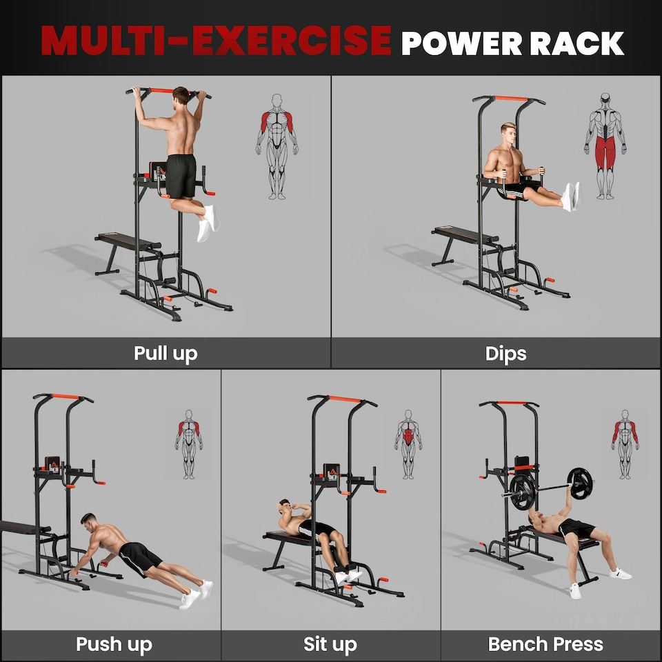 image 1 of HOMCOM Multifunction Home Workout Station Tower Steel Frame w/ Bench Bars Ropes