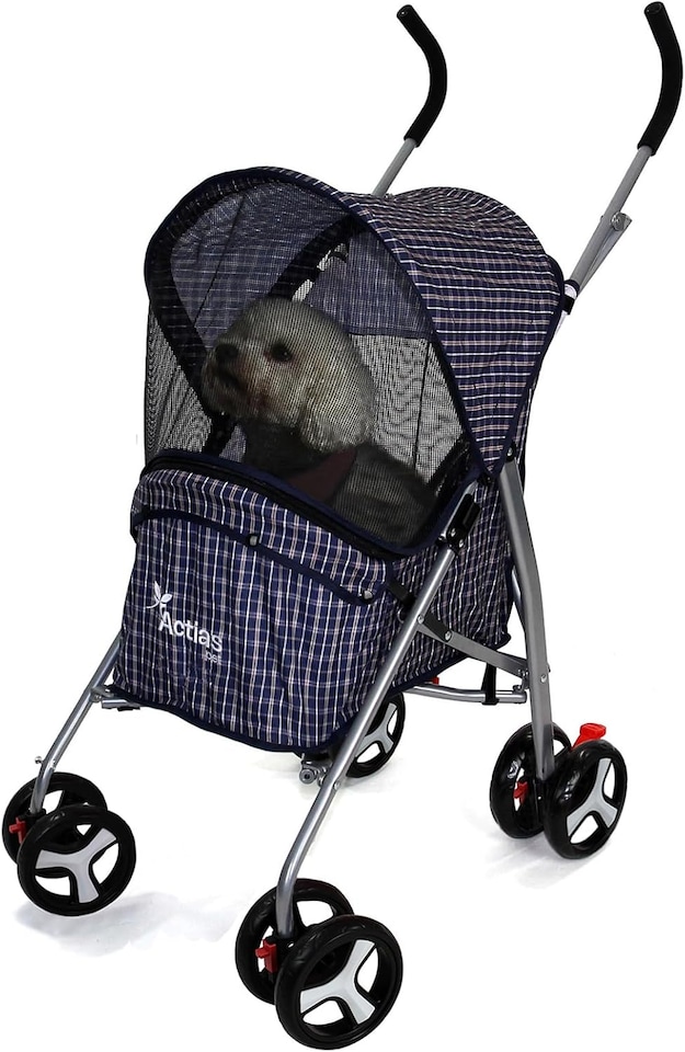 image 1 of Pet Stroller Dog Cat Puppy Pram Pushchair Travel Cart Jogging Buggy Carrier (Blue Tartan with Cover)