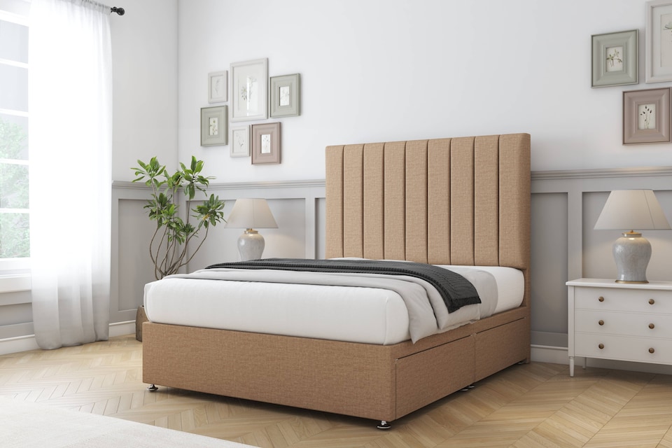 image 1 of Sloomy Kansas Latte Dumfries Divan Bed Base No Drawers With 54 Inch Floor Standing Headboard | Brown | Latte | King | 1
