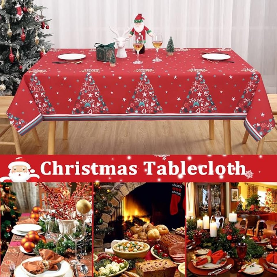image 1 of London Boutique Red Christmas Tablecloth, Waterproof Polyester Table Cover with Xmas Tree Star Print