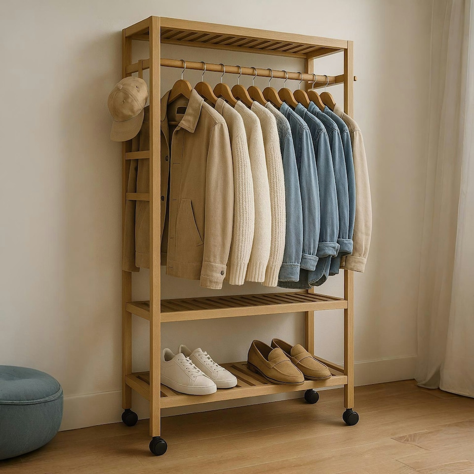 image 1 of Bamboo Clothes Rack | Portable Open Wardrobe with Shoe Storage Brown | One Size