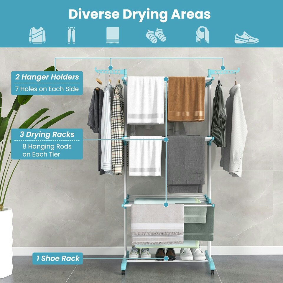 image 1 of COSTWAY 4-Tier Collapsible Laundry Rack Foldable Drying Rack Blue