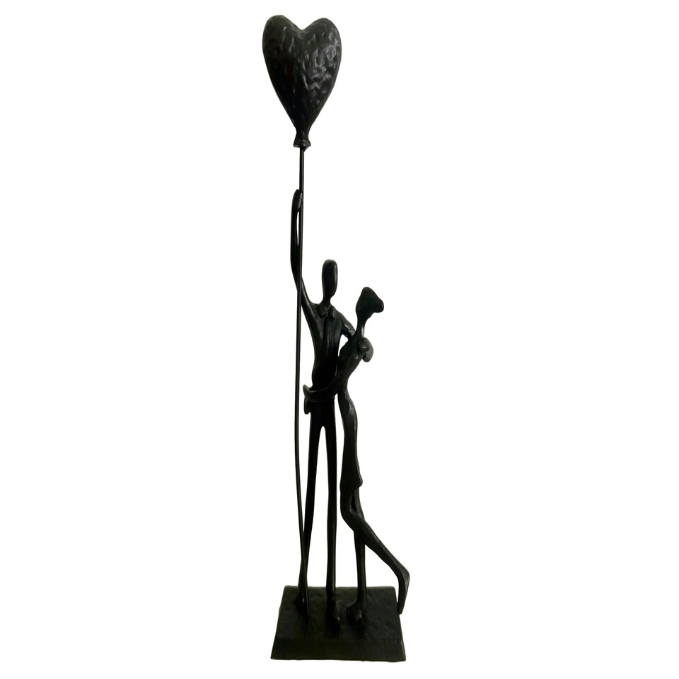 image 1 of Bound by Love Cast Iron Sculpture Couple Embracing Holding a Heart Baloon Shadow Art Metal Decor Lovers Valentine's Day Gift Anniversary Housewarming Present