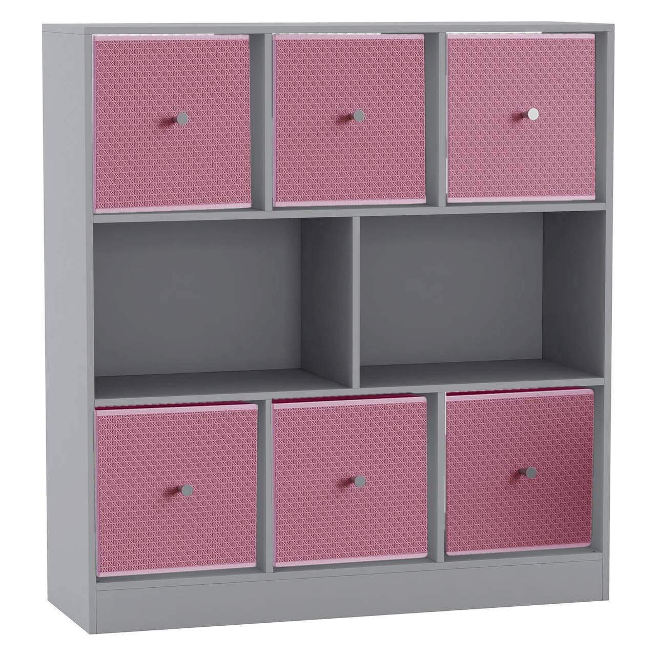 Asymmetrical 8 Cube Bookcase Unit w/ 6 Drawer Inserts Grey Grey & Pastel Pink 8