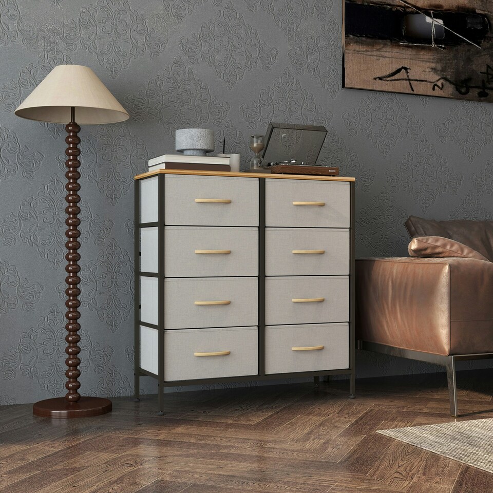 image 1 of HOMCOM 8 Drawer Fabric Chest of Drawers w/ Wooden Top for Hallway Cream 
