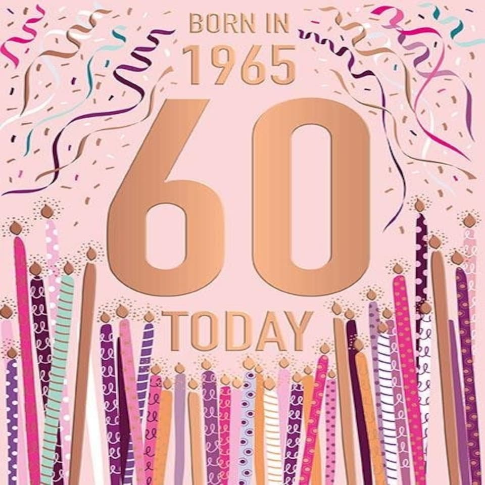 Words 'n' Wishes Female 60th Birthday Card, Happy Birthday Card Age 60 for her with Born in 1965 Confetti and Candles Design