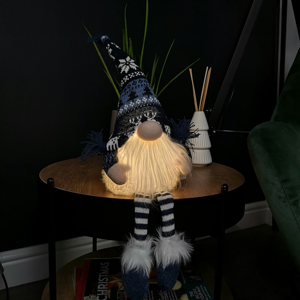 image 1 of 50cm Battery Operated Light Up Sitting Christmas Gonk with Dangly Legs in Dark Blue