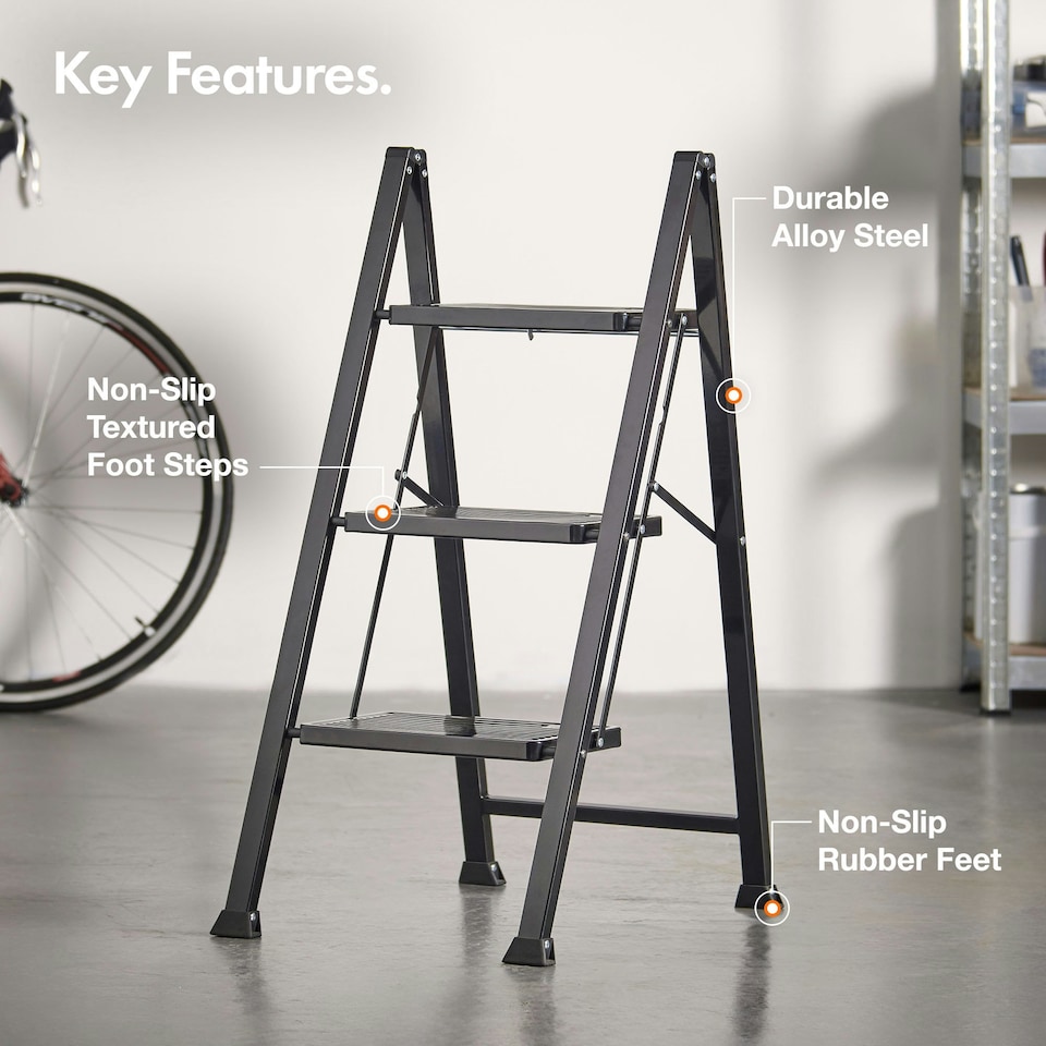 image 1 of VonHaus Steel Folding 3 Step Ladder Slim with Anti Slip Feet