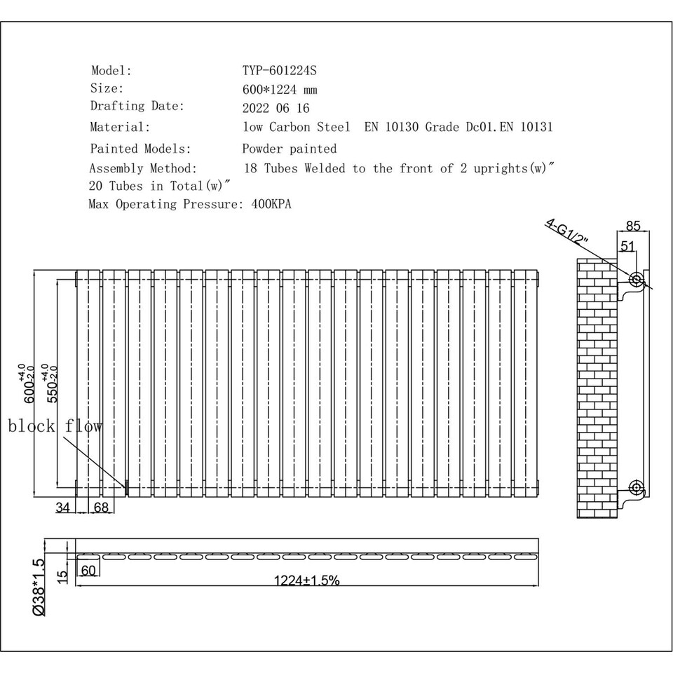 image 1 of Typhoon Horizontal Electric Bathroom Radiator Single Panel Thermostatic WIFI w/ Feet - White (H) 600mm x (W) 1224mm - 900W