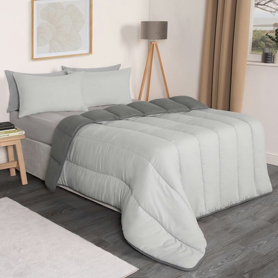 image 1 of OHS Coverless Reversible 10.5 Tog Duvet And Pillowcase Bedding Set, Double - Grey/Silver