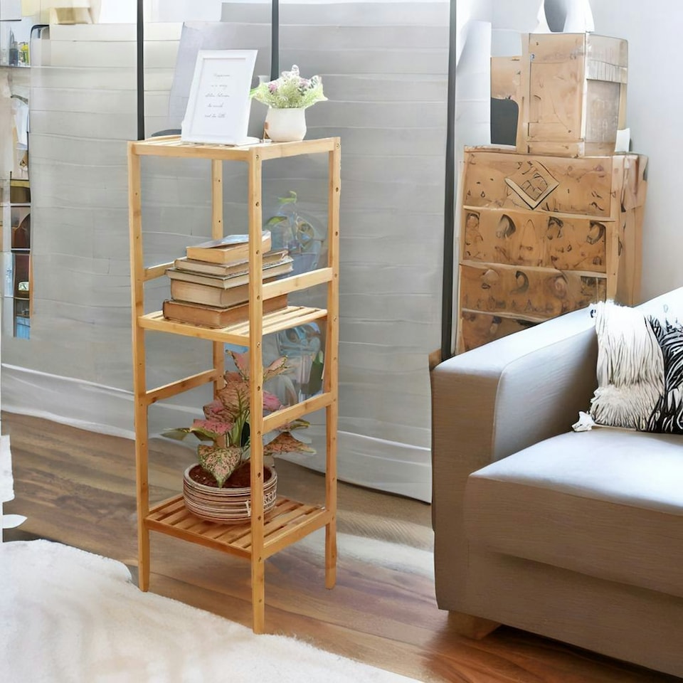 image 1 of 4 Tier Adjustable Wooden Standing Shelving Rack Unit Natural Brown Brown | One Size