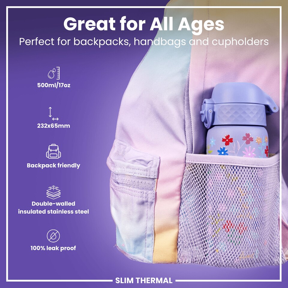 image 1 of Leak Proof Slim Water Bottle, Vacuum Insulated, 500ml (17oz) | Purple | Delicate Floral | One Size