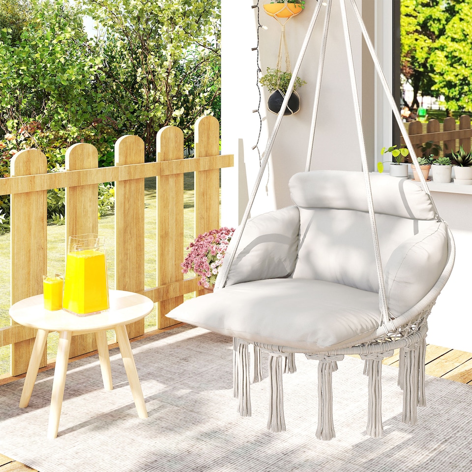 image 1 of Outsunny Hanging Chair Outdoor Hammock Chair with Soft Cushion, Cotton Rope Boho Style Swing Chair, Hanging Garden Swing Seat for Indoor Outdoor, Cream White | Cream | Cream