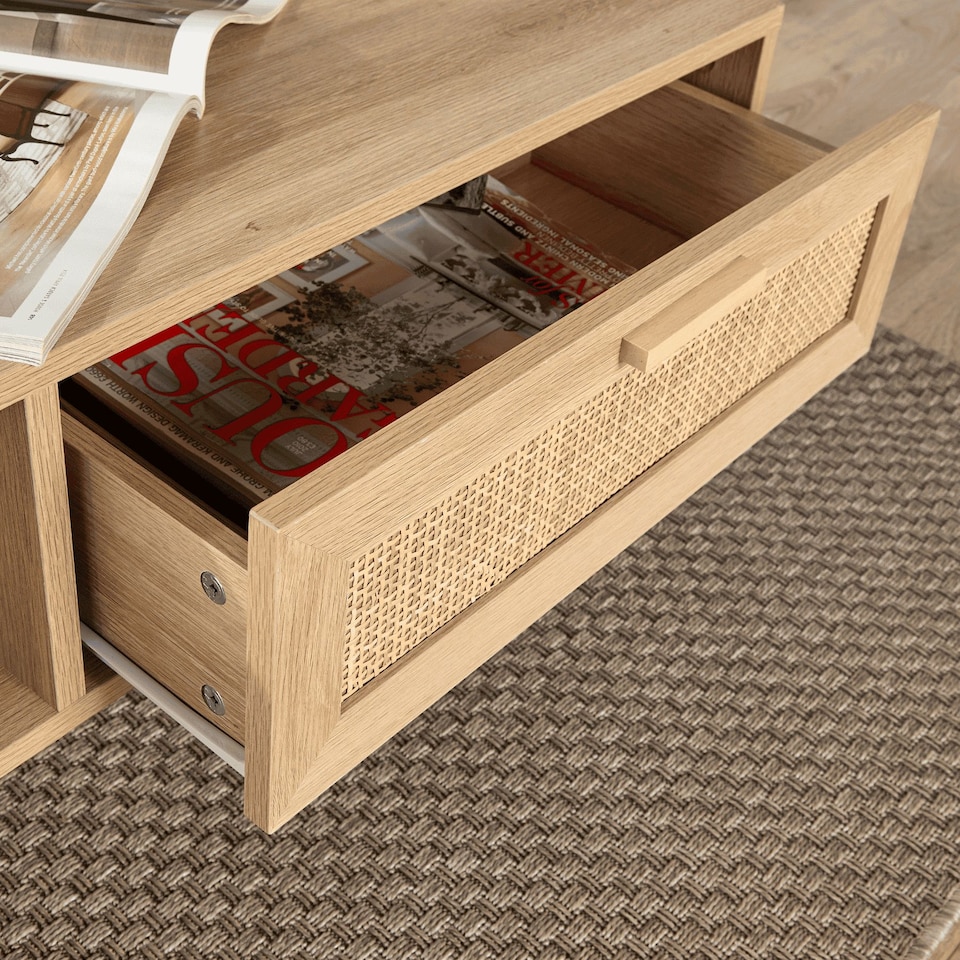 image 1 of Coffee Table Rattan Front Drawer Open Shelf Solid Wooden Legs Home Living Room