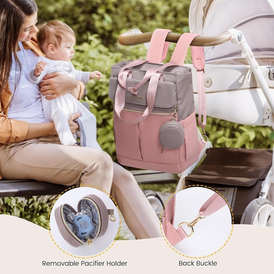image 1 of LOVEVOOK Nappy Bag Backpack, Nappy Tote Bag with Insulated Pockets,Baby Bag for Girl Boy with Changing Pad,Large Baby Diaper Bag with Pacifier Case,Anti-Theft Travel Backpack for Women,Pink-Gray