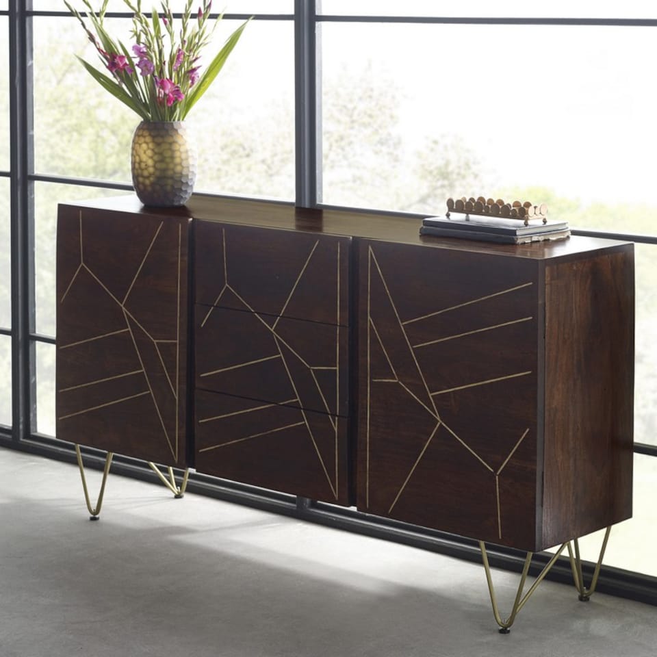 image 1 of Dark Gold Extra Large Sideboard 3 Drawers And 2 Doors - Solid Mango Wood - L40 x W160 x H85 cm | Brown