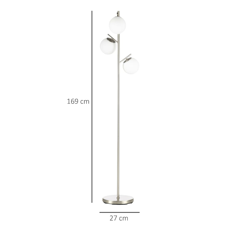 image 1 of HOMCOM 3Light Tree Floor Lamps for Living Room, Modern Standing Lamp for Bedroom with Globe Lampshade, Steel Base, Bulb not Included, Silver Tone