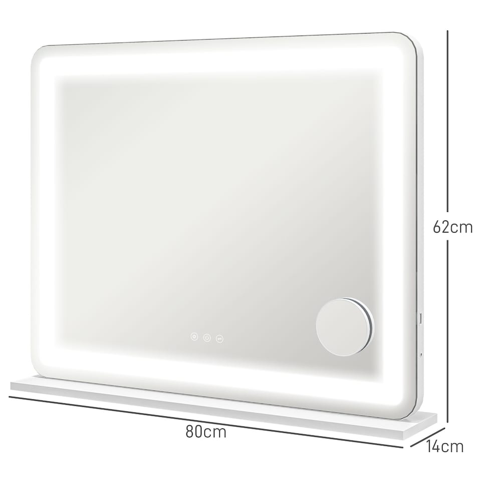 image 1 of HOMCOM Vanity Mirror with Lights, Large Lighted Makeup Mirror with 3 Colour Lighting Modes, 10X Magnifying, USB Charging Port, Touch Screen, Tabletop or Wall Mounted Design for Bedroom, White